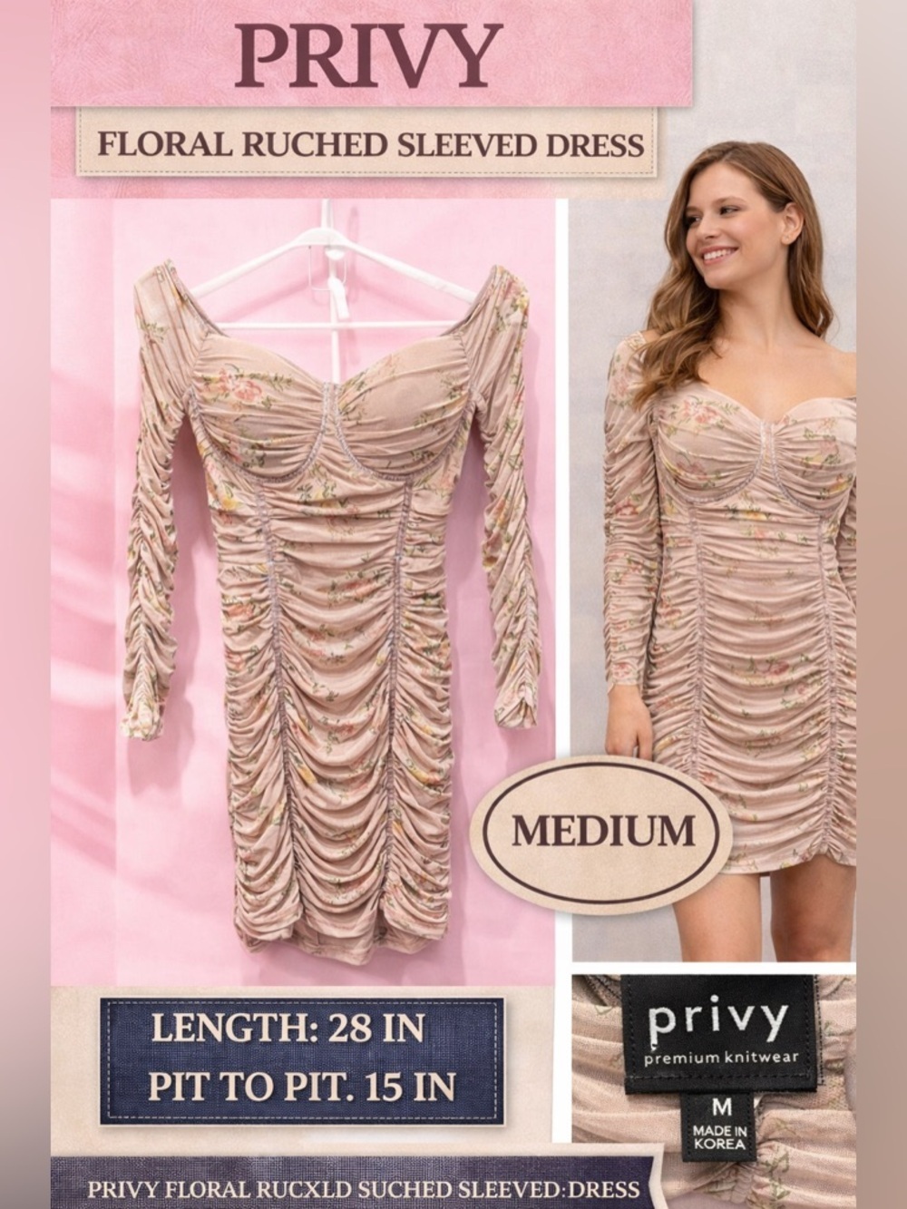 PRIVY Floral Ruched Sleeved Dress MEDIUM length 28in pit to pit 15in STRETCHY